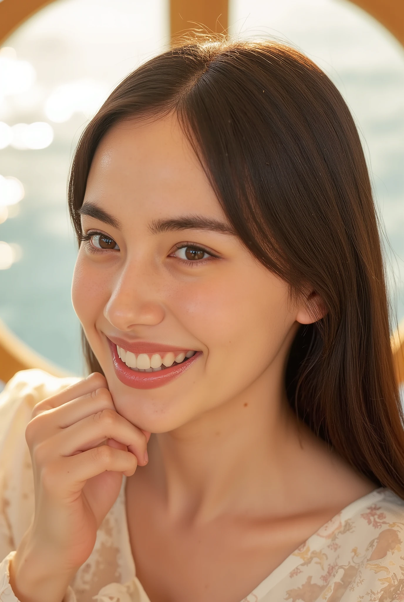 Woman Posing for Photos, laughs, happy, long hair, straight hair , VERY DEFINED SKIN, orbital space, Hot summer day, Natural lighting, detailed face:1.2, sharp concentration, Hasselblad pictures, masterpiece, light makeup, cinematic lighting for legs bent at the knee, 4K, Best Quality