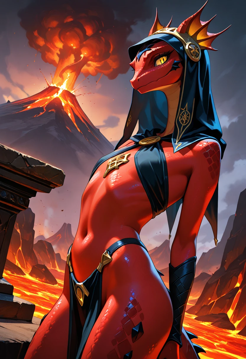 anthropomorphic cobra, full body, female, large bust, wide hips, sexy, furry body, detailed scales, red scales, striking pose, seductive gaze, fantasy art style, glowing eyes, coiled tail, highres, masterful brushstrokes, intricate patterns, busty large breats, nipples, NSFW (cutesexyrobutts)