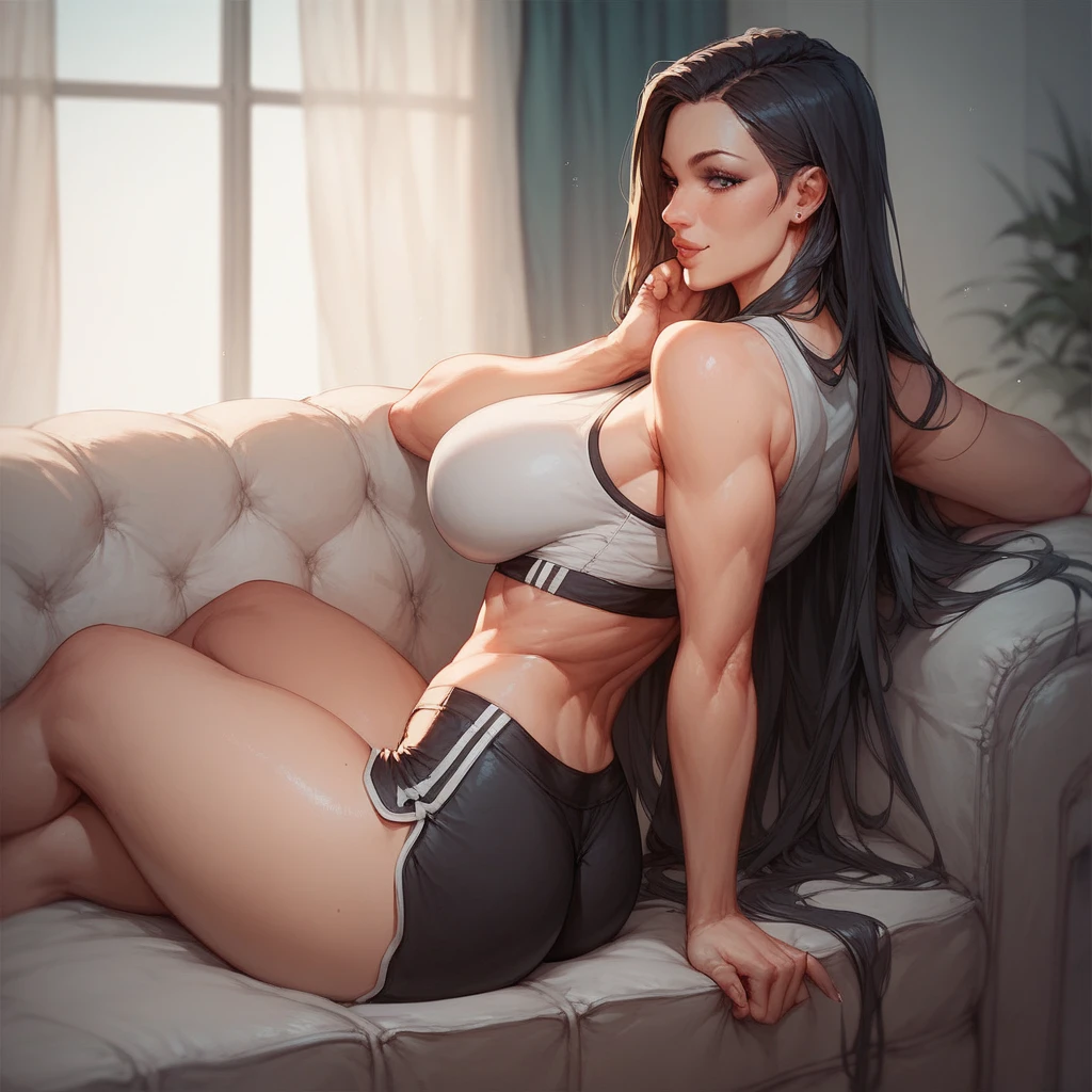 Defined thickness, fit, Young, Tifa Lockhart, tight tank top, panties, sitting on bed, pussy juice,