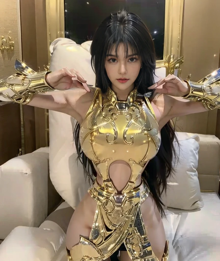 Golden Saint Seiya Queen lying on her back on bed (open legs bent and raised: 1.4), beautiful long legs, gold armor, reclining, recommended positive prompts: Best quality, masterpiece, ultra high res, (photorealistic: 1.4), 1girl, moyou, realistic, (Saint Seiya: 1.4), Taoism, (Phoenix pattern: 1.4), off-the-shoulder, (buttocks: 1.4), exposed panties, exposed butt groove, underboob, (looking down: 1.4), unrealistic engine style, detailing, surreal, boca effect, shot in David LaChapelle's style, bioluminescent palette: lilac, pale pink, bright white, wide angle, ultra-fine, cinematic still life, vibrant, Sakimichan's style, perfect eyes, Highest image quality 16K, inspired by Harry Winston, shot on Canon EOS R 6, masterpiece , --Chaos 50, gray hair, crown, mole under the eyes, gitchham, wide angle, canon, projection illustration, ray tracing, surrealism, textured skin