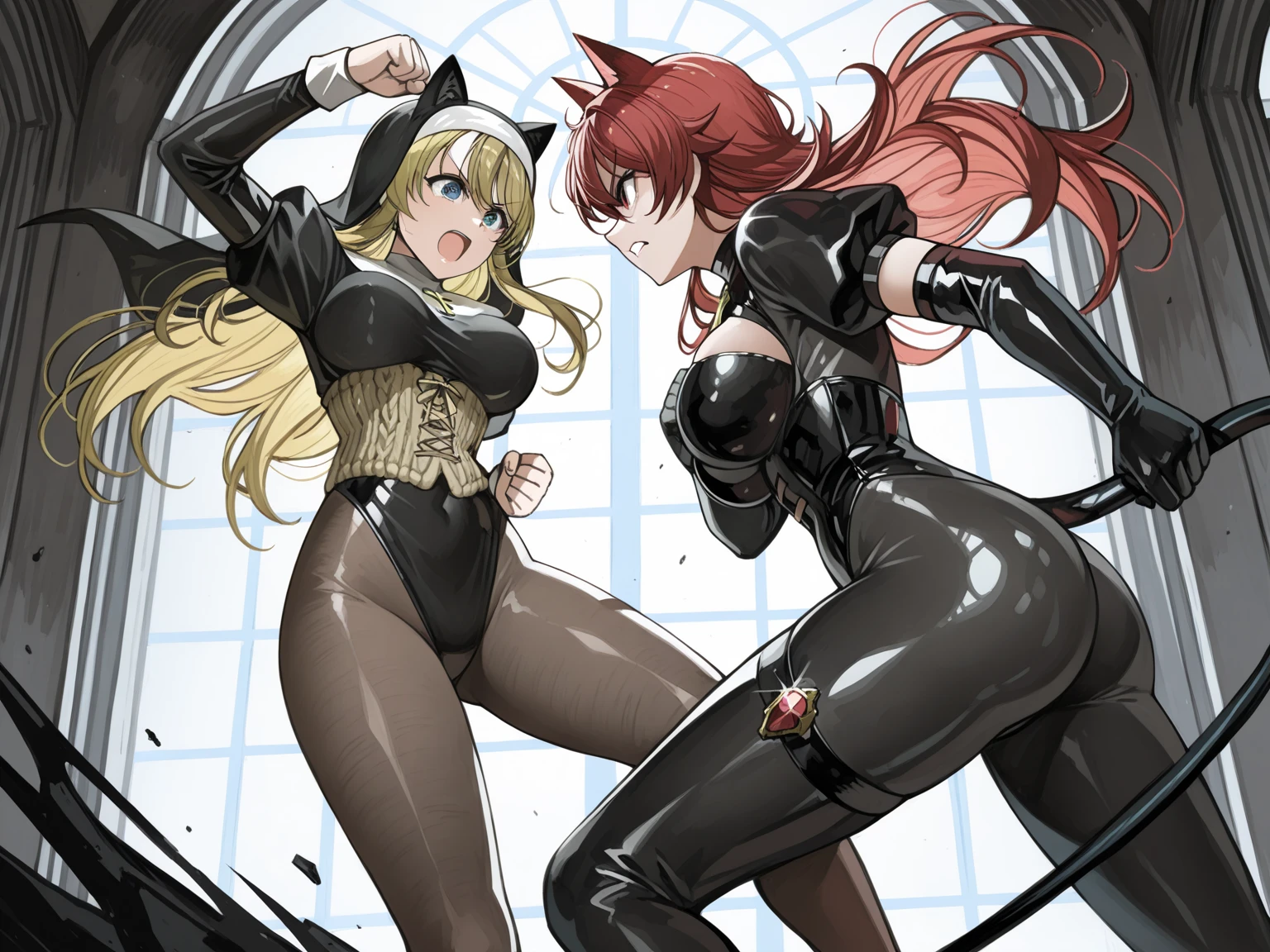 ultra-detailed, Explicit, Beautiful body, Beautiful Nose, Beautiful character design, perfect eyes, perfect face, ultra highres, 4K, beautiful legs, perfect legs, Nice hands, Perfect hand, Masterpiece, Best Quality, Highly detailed, illustration, absurdres, street fighter, doll suit, shadaloo doll, dollsuit, girls, multiple girls, expressionless, blank eyes, looking at viewer, red gloves, emotionless, black latex, corrution, mind control, female combatant, full body, hypnotized, unhappy trance, full body suit, ribbed bodysuit, both arms at side, stand up straight, obey, perfect female body, extremely glossy latex, hypnosis, hypnoLora, empty eyes, Mind control device, poses, submissive_pose, Slave, hat, necktie, stand up straight, standing, standing at attention, belt, extending the right arm from the shoulder into the air with a straightened hand, nazi saluting, military, military saluting, salute, right hand saluting, left hand at side, latex, ribbed bodysuit, wide hip, thicc, a curvy body, garter belt, Shidou Irina, High School DxD, light brown hair, twintails, large breasts, very long hair, purple eyes,