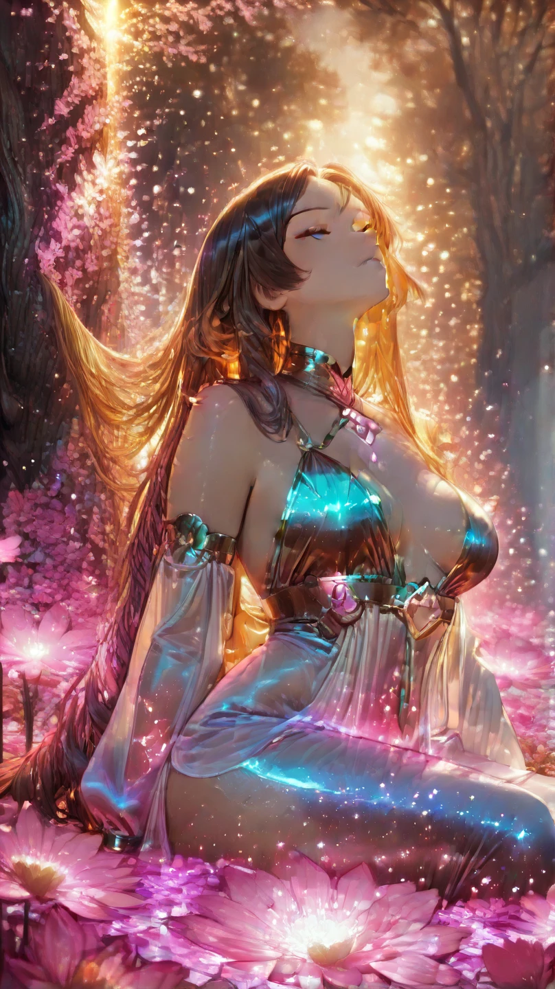 (full body:1.4), a lady, (solo focus:1.4), (look at viewer:1.2), (messy_hair), (from view),
transparent (FlowersFashion, dress),
(saggy breast:1.25), (huge breast:1.37), narrow-waist, (long legs:0.8), (big-hips:1.25), (thick thigh:1.37), (narrow ankles), (lace-up-highheel:1.4),
(dynamic pose :1.4),
(Crystal cathedral with prismatic light and stained glass windows.:1.3),
(glossy-skin, best composition, best quality:1.4) <lora:FlowersFashion:0.7>, QuickHands <lora:QuickHandV2:0.2>