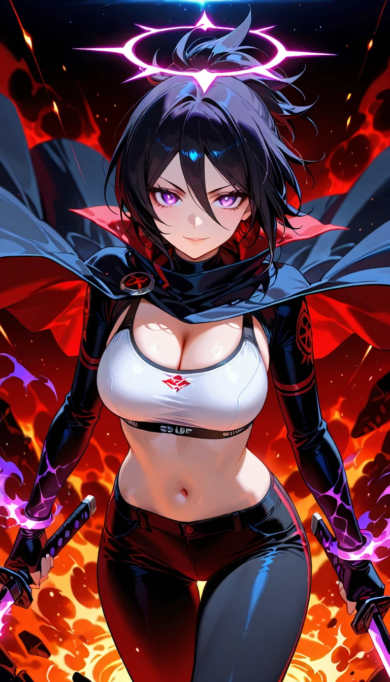 Girl, short black hair, red eyes, sharp eyes