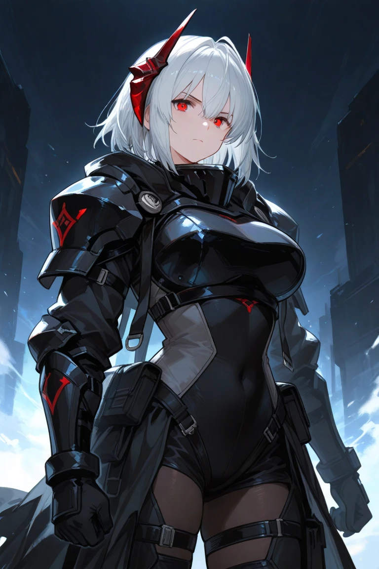 score_9, score_8_up, score_7_up, source_anime, BREAK 1girl, solo, <lora:scarlet-nikke-richy-v1_pdxl:1> scrltbs, red eyes, long hair, grey hair, bangs, halo, headgear, red hair ribbon, single shoulder armor, black bodysuit, cleavage, bodystocking, black legwear, gloves, covered navel,