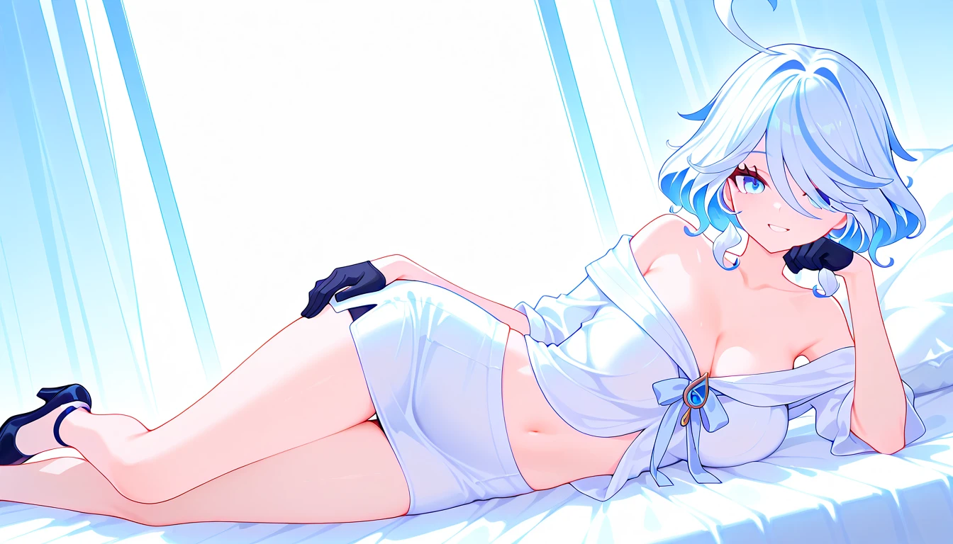(Lie on a luxurious bed) (Blue hair) (ice-white eye pupil) (Childlike big breasts) (Cat ears on head) (ice flower in the eye pupil) (tear-mole) (Blue and white bikini) (Black pantyhose) (No shoes) (Black lace gloves) Finger detail depiction (ice jewel earrings) (tear-mole) (The expression of (Blushing),Black pantyhose