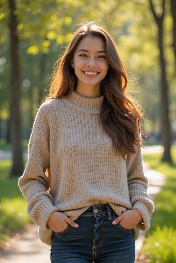 Female figure standing in full height;Natural lighting;Smile and natural facial expression;Non-distracting background, possibly blurred or simple;Modern clothing and style;Stable pose without movement;High-resolution photo with a 16:9 aspect ratio;Natural or neutral colors; Avoid overly bright accents or backgrounds.