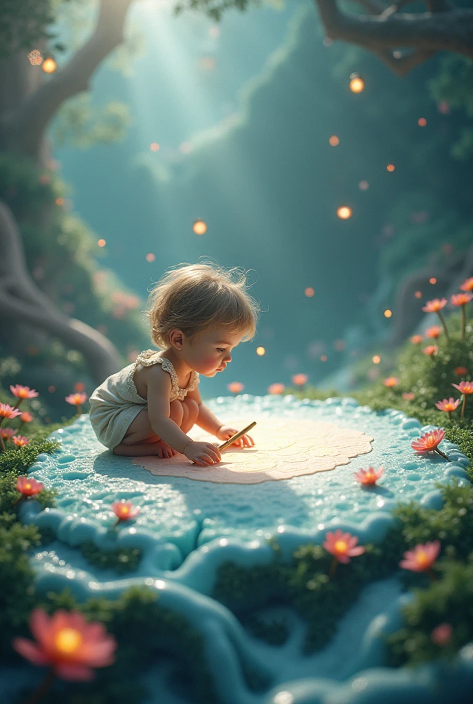 Draw a child sitting on top of a tree with a round mirror in his hands embroidered in gold.