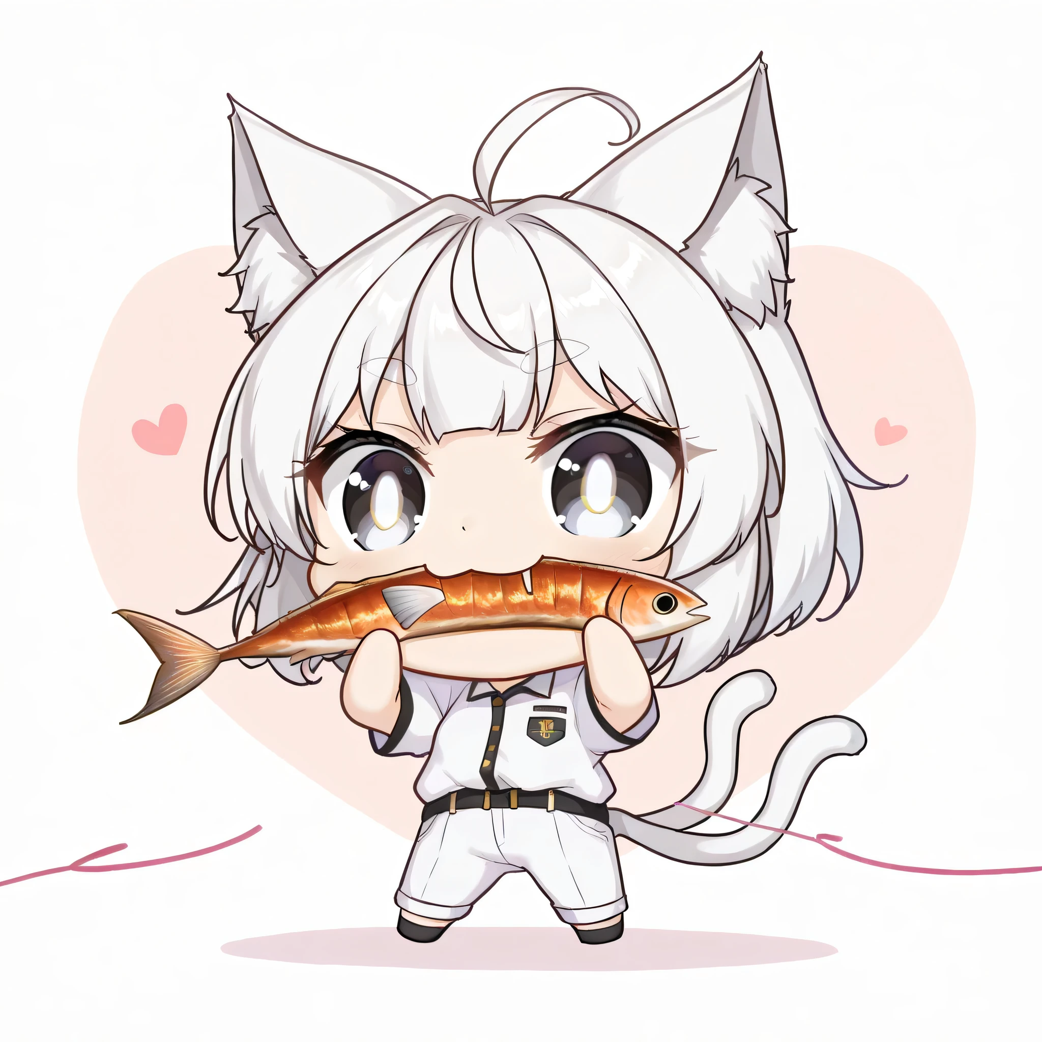 score_9, score_8_up, score_7_up, (solo, 1 girl, Matana Katomiya, white eyes, white-haired, shaggy cut,stupid hair,Thread、smiling、 , Cat ears, white fur inside Cat ears), ((( chibi, change, thin, small, short))), (white shirt、White Pants), stand up,hold big grilled fish in both hands、open your mouth、Seems to be covered、 happy、 ((2 Cats' Tails:1.2)), cute face, big eyes, Cat's Eyes, eyelashes, lower eyelashes, (((gold pupils))), short and thick eyebrows, , proud smile, show me teeth、heartの背景、heart、