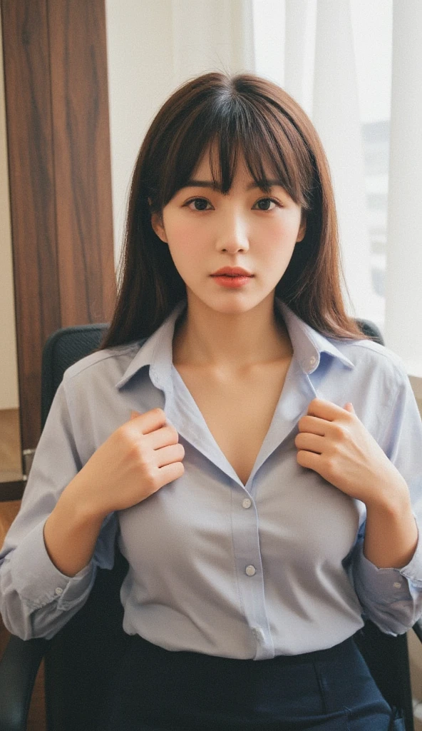 frontage,Boob emphasis,Open cleavage,((huge-breasted:1.4)),Looking at me on my desk in an office in a high-rise building、Dark blue tight skirt, The skirt is flipped up, Black Lace T-Back Panties, Open white Y-shirt、(Best Quality,in 8K,nffsw:1.2),(cute Japanese girls),(Huge breasts:1.25),(Collared shirt)、(​masterpiece、top-quality) 、For clear images、Strong sunshine、absolutely outstanding image, very extremely beautiful、​masterpiece, top-quality,a picture, kawaii、(Colossal tits:1.2)、((20 year old woman:1.2))、Young adorable Japan face, dewy skin, close up of face,Soft portrait shots,8K