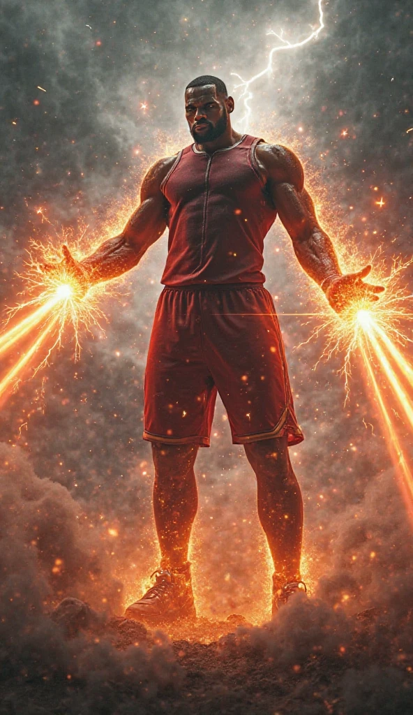  A 20 years old boy glowing eyes with cosmic power's and red and yellow thunder powers shirt less flying in modern city in black pants 