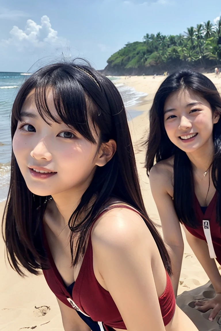 Indonesian girl 20-year-old  Hairstyle Casual, F Cup Breasts  wearing  swimsuit and selfie with her friend at beach