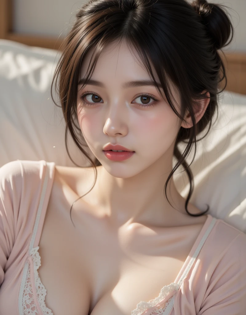 Sexy woman, black hair in a bun, seductive eyes, intense gaze, lips parted, deep blush, flustered, beautiful long neck, collarbone, medium chest, cleavage, blue saree, lying on bed, head on pillow, facing up, lustful expression