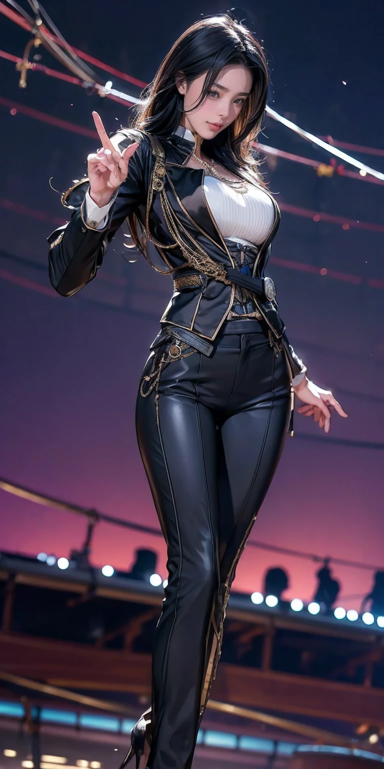 (masterpiece, highest quality, highest quality, Beautiful and aesthetic:1.2), (1 Girl)Beautiful body, Detailed face,((Sharp focus on the crotch)),solo,on_stage,(Zatanna high kicking),open_thighs,Zatanna seen from below the stage,Beautiful japanese woman,short black hair, bright cyan colored eyes, shapely body, top hat, black tuxedo jacket, white top underneath, red bow-tie, black fishnet tights, black knee-high high-heeled boots,erect_nipple,