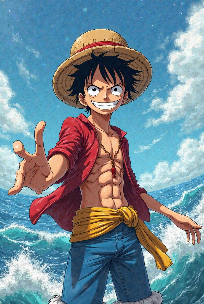 "Imagine a realistic depiction of Monkey D. Luffy, o protagonista do anime One Piece, sem camisa. In this version, Luffy has an impressive physique, with well-defined muscles and a cute appearance. He exudes confidence and determination in his gaze. Ao fundo, There is the scenery of the open sea, with powerful waves that reflect Luffy's determination to become the Pirate King. Create an illustration or story that captures this realistic and compelling version of Luffy, highlighting his strength and charisma."