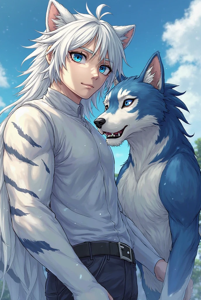 (best quality,ultra-detailed,realistic:1.37),muscular shirtless male with wolf ears and a wolf tail, beautiful detailed eyes, beautiful detailed lips, long eyelashes, white flowing hair, light beard,not wearing shoes, happy, [no shirt], [barefoot], wolf,detailed fur, blue background, studio lighting, photorealistic, vivid colors