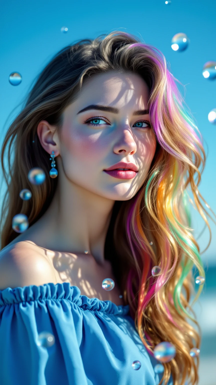 masterpiece, best quality, 1 girl, pretty and cute, (rainbow color Highlight Hair,colorful hair:1.4), wearing blue and purple sunglasses, yellow jacket with white pattern, white sweater, many colored balloons, doll face, ponytail braid, perfect detail eyes, delicate face, perfect cg, HD quality, colored balloons, sky ,black boots