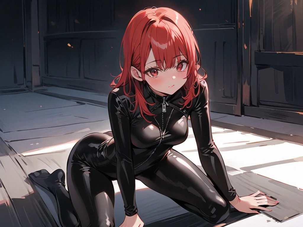 latex bodysuit, 1girl, red eyes, full body portrait lewd pose, shiny suit, spread legs --disable-nan-check masterpiece, good quality, celica fe