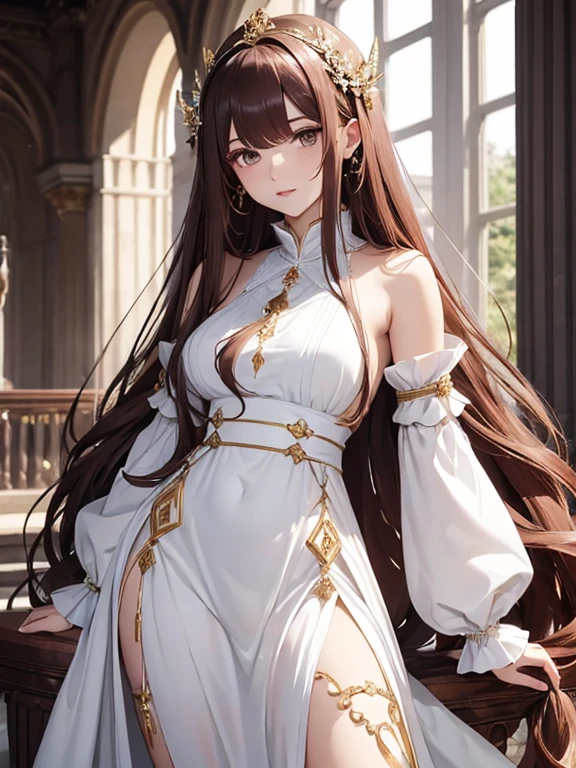 Tall girl, Long brown hair, dragon horns, Yellow eyes, white chinese dress, Gold inserts, open thighs, neckline on the chest, Masterpiece, hiquality