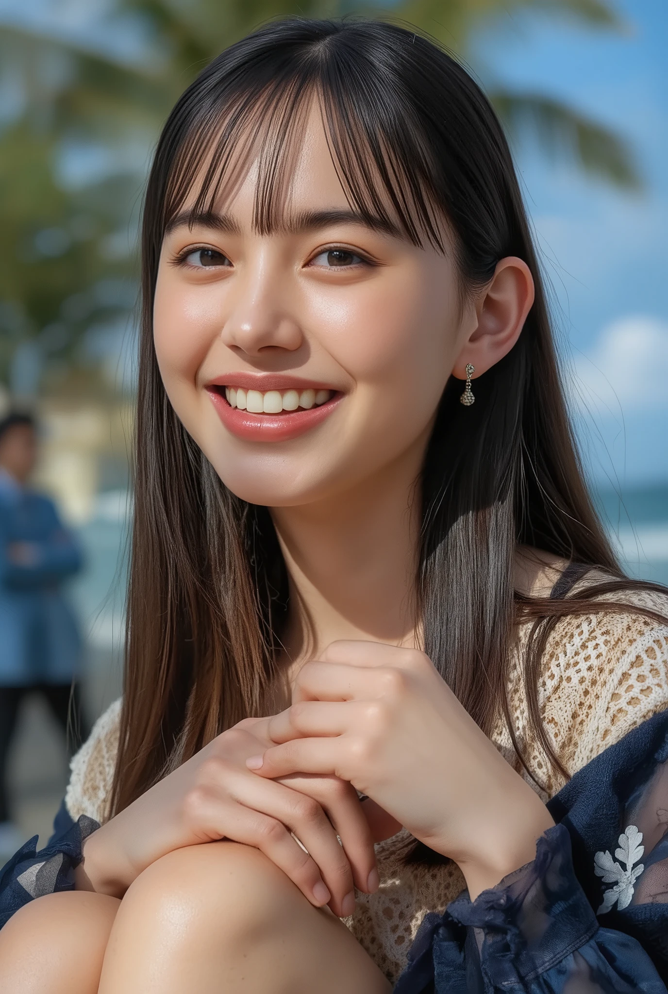 Woman Posing for Photos, laughs, happy, long hair, straight hair , VERY DEFINED SKIN, orbital space, Hot summer day, Natural lighting, detailed face:1.2, sharp concentration, Hasselblad pictures, masterpiece, light makeup, cinematic lighting for legs bent at the knee, 4K, Best Quality
