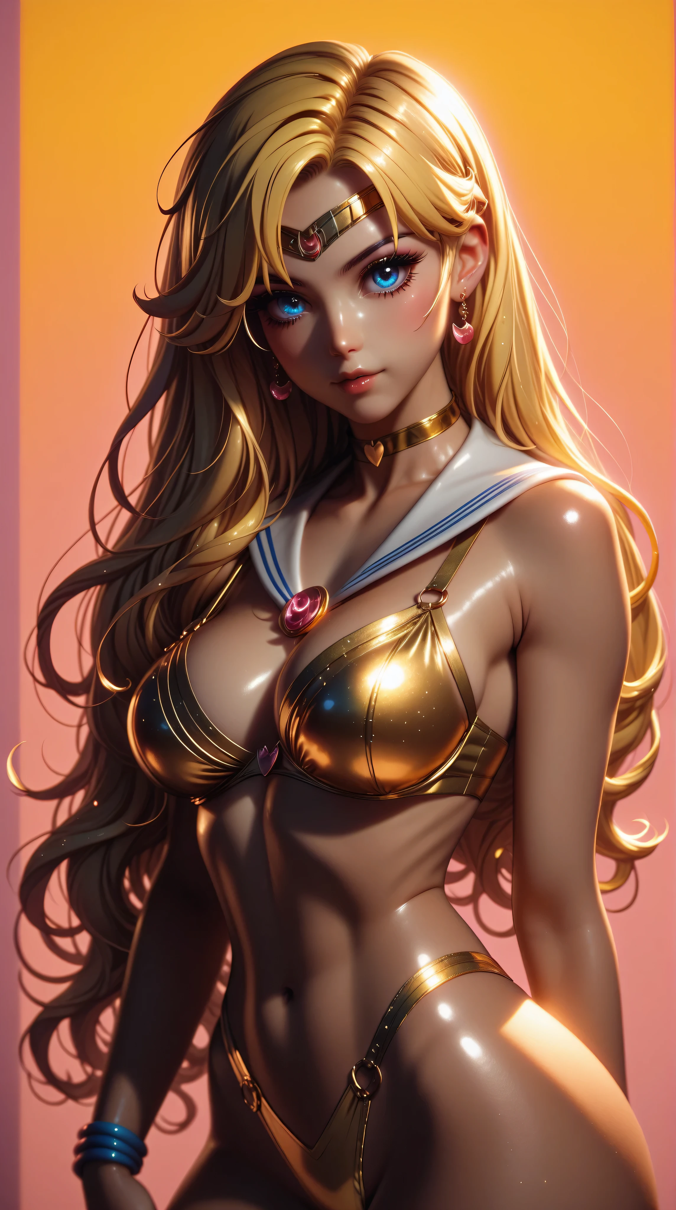 cheio: 1.3, stand, master part, 。...3d, Realistic, foto ultra-micro, Qualidade Superior, ultra detalhado CG unidade 8k papel de parede, de baixo, detalhes intrincados, (1 female), 18 anos, (SV1, Uniforme Sailor Senshi, saia laranja, luvas de cotovelo, head gear, colar laranja do marinheiro, red bow, Gargantilha Laranja, luvas brancas, jewelries), incrivelmente longo reta loira muito brilhante: 1.2, Brilhante e bonito cabelo loiro liso longo: 1.2, Sailor Venus, Minako Aino, Aparentemente um uniforme de marinheiro Chiseki, Minissaia plissada sexy laranja cintilante: 1.3, (The blue bow in the center of the chest too big: 1.4, Cocar de ouro na testa: 1.5, Use luvas laranjas nos cotovelos: 1.1, bare arm: 1.1, Bota longa esmaltada laranja na altura do joelho,Detalhes dourados luxuosos: 1.3, Gola laranja larga saturada, Colar de marinheiro laranja saturado, The red bow on the back of the head too big: 1.1, Long gloves of white latex,Decorado com detalhes dourados luxuosos: 1.3, Very large yellow bow at the back of the waist: 1.1, Gargantilha Laranja, Parece sexy e ousado, orange heart-shaped earrings)),
((sorriso sedutor, cara muito bonita olhar, detalhes do rosto: 1.5, olhos azuis brilhantes, beautiful face, Olhos bonitos, olhos brilhantes, thin lips: 1.3, fino, sharp pale eyebrows, long dark eyelashes, Double eyelashes)), Joias de ouro de luxo, (Very slim fit high gloss white holographic leather: 1.3), Sexy and bold high gravel dressing room, (postura de luta), Asas brancas enormes, musculoso, abdominais musculares, Rosto pequeno, Seios enormes, perfectly proportions, cintura fina, pose de modelo sexy, visible pores, perfect hands: 1.5, octane rendering, very dramatic images, Luz natural intensa, sunlight, exquisite lighting and shadows, Dynamic angles, Harpa SLR digital, foco: 1.0, Maximum clarity and sharpness(Teologia dourada, Heartstorm space background, Gold Chain Dynamic Background, Homem de Ouro: 1.2, cabelos dourados, Venus, luar, lua, Dynamic background, DetalhadoAntecedentes))