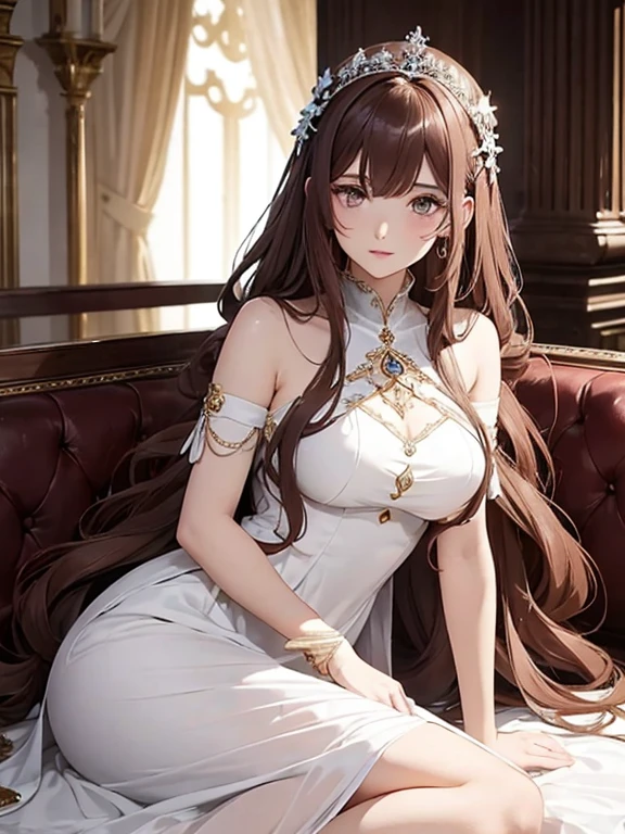 Beautiful girl modeling a beautiful dress, she's voluptuous, very pretty, her hair is in a braided ponytail, she has lustrous brown hair, her hips are wide
