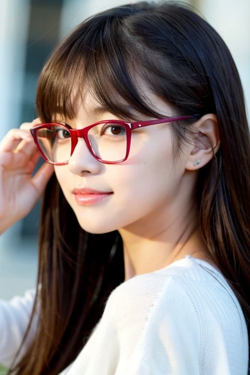 (8K、Raw photo、highest quality、masterpiece:1.2)、(realistic、Photoreal:1.37)、super detailed、Super high resolution、1 girl、see the beholder、beautiful and detailed face、laughter、narrow、(slim waist) :1.3)、((Red shirt clothes beautiful detailed skin、skin texture、floating hair、((tied one&#39;s hair together))、good shape big breasts、professional lighting、In front of the station at noon、((Black square glasses))、human body as a whole、brown hair、((On the phone))、