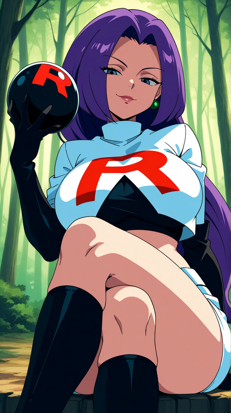 masterpiece, best quality, highres, highres, jessie pokemon, solo, team rocket, gloves, ((hair slicked back)), long hair, jewelry, skirt, navel, thighhighs, earrings, elbow gloves, team rocket uniform, crop top, blue eyes, midriff, belt, black gloves, very long hair,tight black thighhighs, purple hair, white skirt, miniskirt,tight skirt, upper body ,smiling , embarrassed,big tits,((huge tits)),looking at viewer,top view, lying on bed, bracelet, ((perfect tits)),perfect face,perfect body,(shirt lift:1.4),((show tits:1.5)),((show nipples:1.5)),ultra high quality