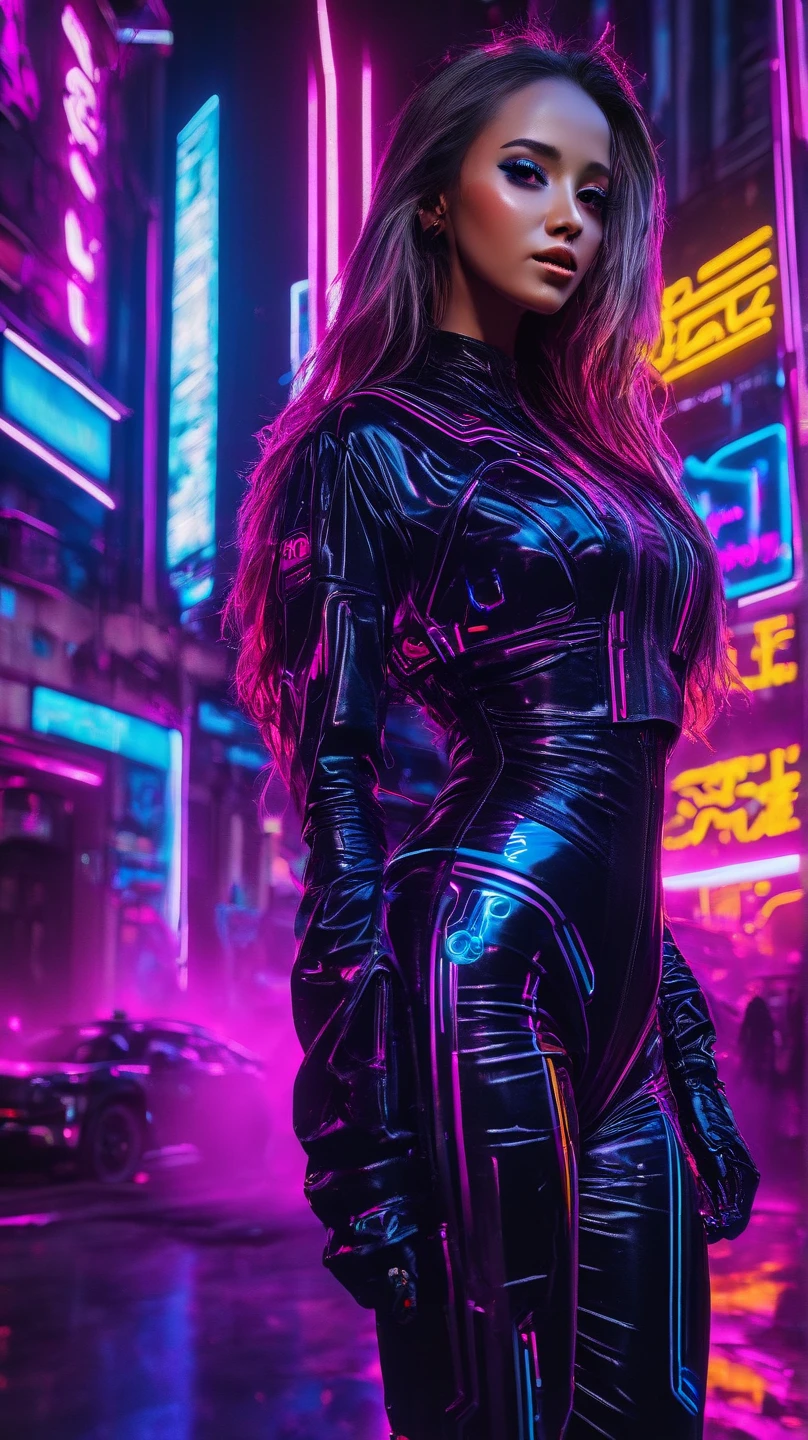 masutepiece, Dystopian city with neon signs and holograms projected on buildings and sky, Beautiful American woman with slim body shape, lip stick, Purple glasses, long straight red hair, Night, cyberpunk aesthetic, Highly detailed lighting, Dramatic, 8K, high-detail, Skin Texture, Realistic skin texture, armor, Best Quality, 超A high resolution, Photorealsitic, hight resolution, Detailed, Raw photo