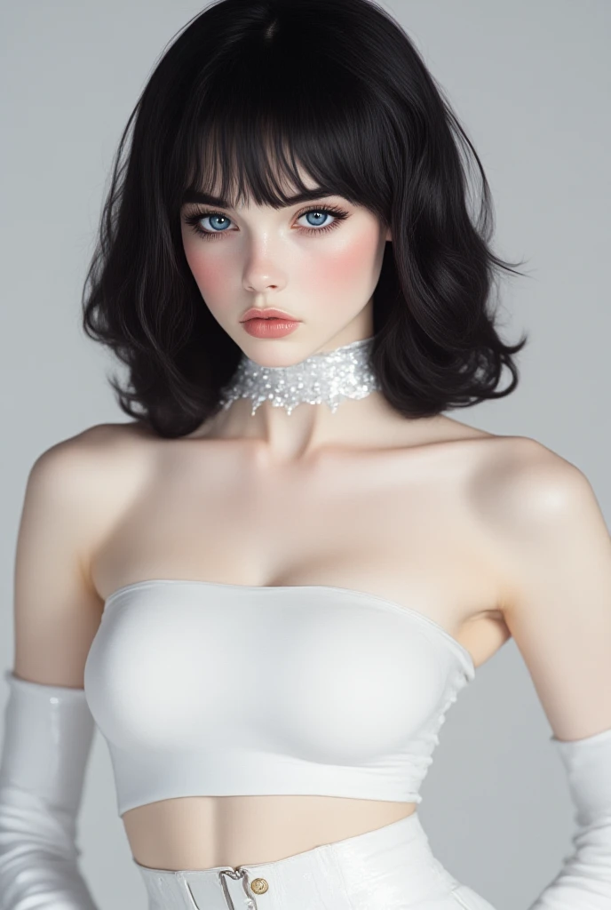 a sexy and fatal woman, Woman wearing a black and white dotted dress., from above, wearing a black and white dotted dress, Dress 80s fashion, 80s style clothing, 80s fabric style, Retro dystopian 80s vibe, straight black hair, green eyes, black eyeliner, Red lips, medium breasts, small covered nipple, lustful look, black and white latex, White Latex Leg Harness, white choker, dramatic light, 80's cinema lighting.._Science fiction, poor, realistic hands, upskirt, sexy,