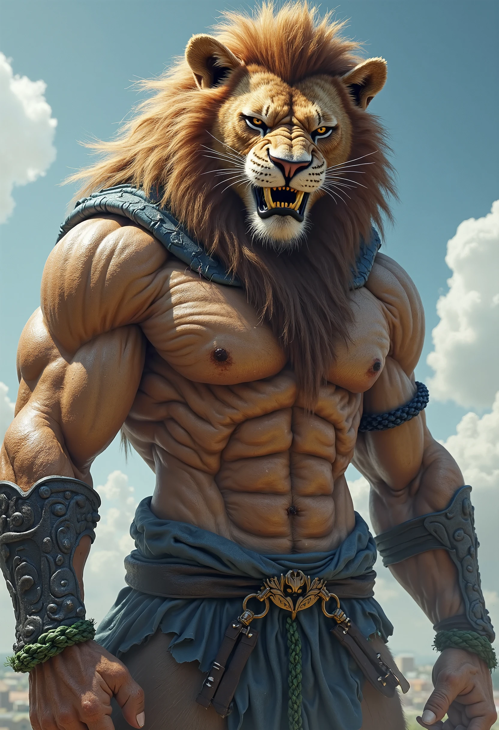 fog:1,3, photography, (expenses: 1,2135), (rough rough skin:1,125) Looks like (rough hard skin: 1,235), ultra-realistic shading, anthropomorphic, light color, (the lion :1,3055), photorealistic, Entertaining, (grin:1.1025), (Edward Gorey:1.3355),scars, Huge pectoral muscles, sports, huge shoulder muscles, tribe, warrior, big biceps, (warrior outfit:1.15), (bracelets:1.15), thin waist, slender sports man, strong, sports, savanna, africa, sahara, meadows, day, sunset