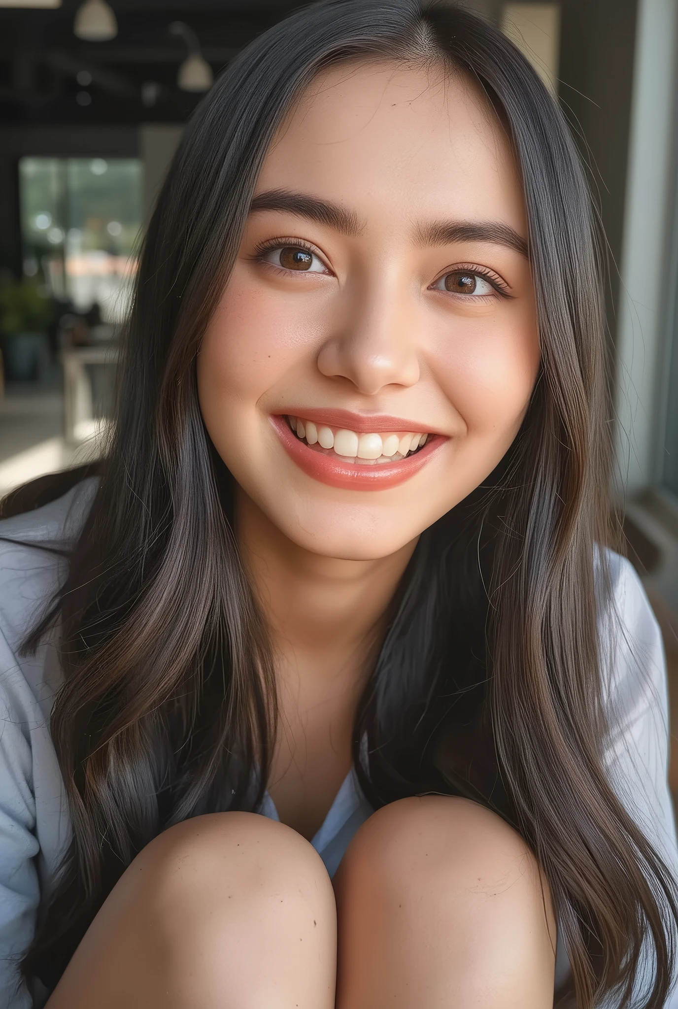 Woman Posing for Photos, laughs, happy, long hair, straight hair , VERY DEFINED SKIN, orbital space, Hot summer day, Natural lighting, detailed face:1.2, sharp concentration, Hasselblad pictures, masterpiece, light makeup, cinematic lighting for legs bent at the knee, 4K, Best Quality