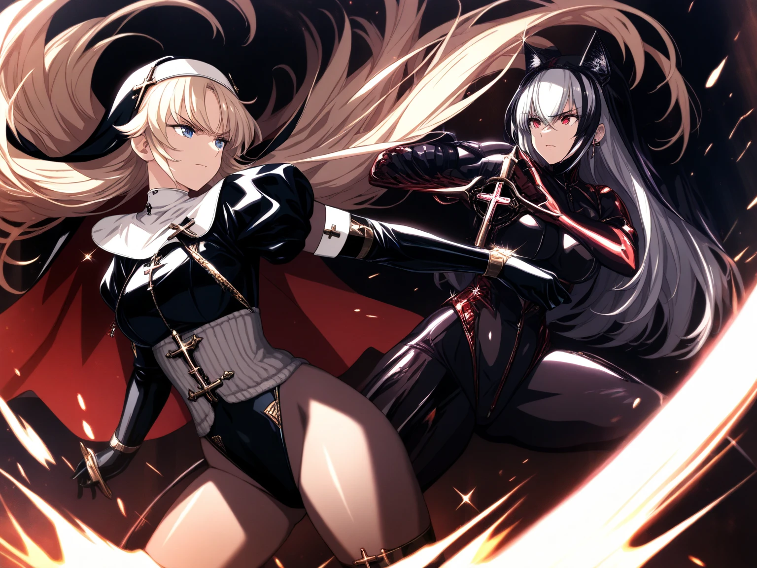 masterpiece of,(perfect anatomy:1.4), best quality, expensive_solve, small details, expensively detailed and beautiful, clear_image, (two girls), ,(huge breasts), (Breasts out),((Black Thigh Socks))、((sacred place))、(standing in centre)、(sister)、(((blood born)))、(Giant cross)、((defiance of gravity))、((Judas Iscariot))
