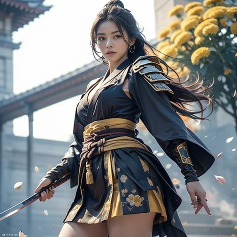 a very beautiful ninja dressed in a red skirt with gold details vs a beautiful samurai dressed in black with gold details,background of a japanese palace, cinematic realism, tonos oscuros, hiperrealismo, photo, cinematic, poster, dark fantasy