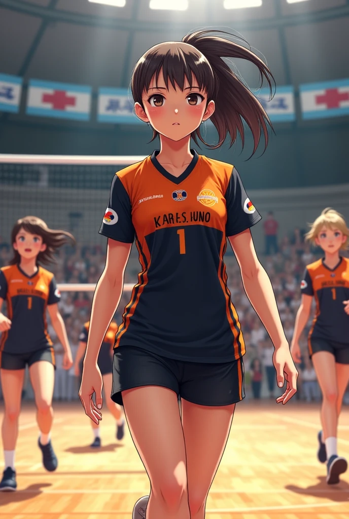 (top-quality、in 8K、32K、​masterpiece、nffsw、超A high resolution、Impresionismo、Photorealsitic:1.2)、Full body, Inside the gymnasium、Volleyball Court、beauitful face、blurry backround、16-year-old beautiful girl、shinny skin、bob cuts、Beautiful black hair、Red Eyes、(Hachimaki:1.2)、Volleyball Uniforms、Curve、dynamicposes