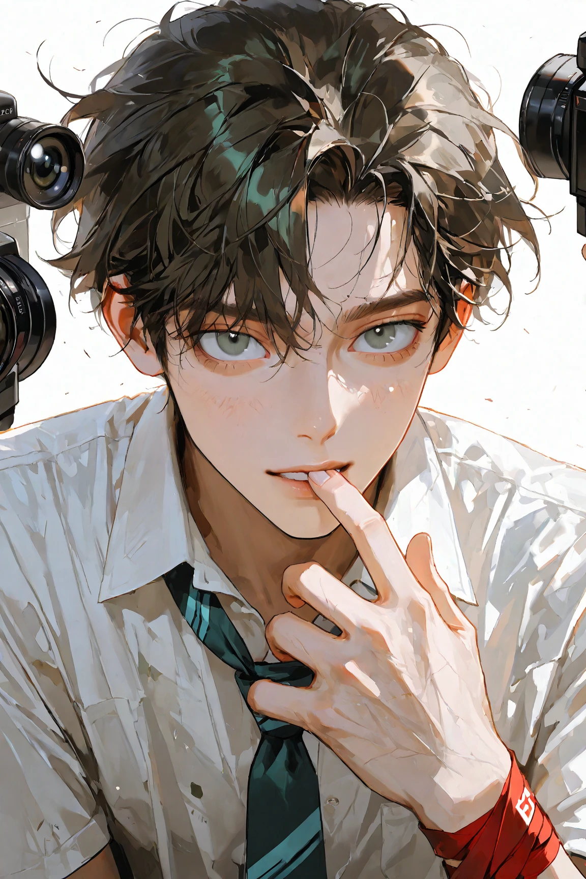 perfect face with strong wrapping,   beautiful face,  Single shot , alone,1 male,adult male, students from all schools,short hair on camera,dark blond hair, messed up hair,dark green eyes, white shirt,slightly loose turquoise tie,Slightly loose,White eyes ,  finger on your lips, high res, masterpiece, Very detailed, smooth skin, looking at viewers,strong body,Place your slightly loose,simple white background