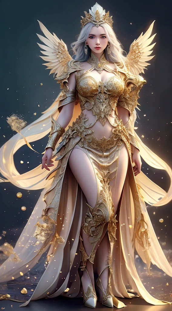 A woman wearing a transparent dress,Beautiful eyes, slender thighs，(((tits,The breasts are very large., bare chest,The cracks are quite large.))),Slender waist,(bare waist), long gray hair, micro curly hair, Very detailed details,high end art station, rainstorm website, Detailed fantasy art, Amazing character art, Beautiful and beautiful character art, Beautiful gold and silver armor, The content is very detailed., Girl in a glittery dress, Beautiful headdresses and accessories,Filigree crystal jewelry, galaxy, Amazing pictures, (dynamic lines, Track light:1.2), Lively with color,8ก，quality,ตัวwetมาก,shiny skin,wet,Thai dance costume