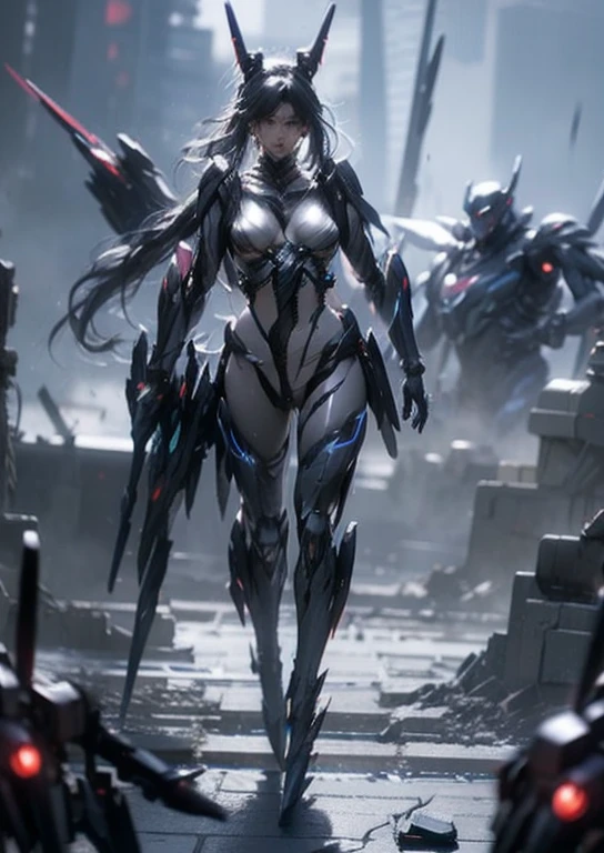 (((Picture from behind:1.6)))、((Lenses shining on both breasts:1.3))、((Red pillars of light are emanating from both chests.:1.3))、((Dynamic pose:1.6))、((Holding a red sword:1.6))、((attack posture:1.8))、((8k)), ((32k)), ((highest quality)), ((masterpiece)), ((超A high resolution)), ((Tmasterpiece)), ((halo:1.4))、((Mechaニカルheadgear:1.2))、((Cyber Headphones:1.3))Fine skin, High quality fabric, Fine metal texture、((Beautiful and dense face))、RAW Photos、Professional, Ultra-fine painting, ((alone)), Beautiful breasts、highest quality, Very detailed, Very detailed詳細, Finer details, so beautiful, ((Jet Black Knight Robot:1.2)), (Joints of machines, Mechanical Limbs:1.3), (The internal structure of the machine is exposed:1.3), (Long black hair:1.1), (Beautiful and huge mechanical breasts)、White Veil, cowboy_shot, Side Focus, headgear, Shiny、(Five Fingers, Four fingers and thumb),Concept Art, Anime fantasy artwork, Detailed fantasy art, (Has light blue-purple hair and black wings,,,,,,), (((Long black hair))), (Mecha:1.6)、Sleek and intimidating design, (Jet black perfect robot body)、Jet black and reddish purple arms or, Symmetrical wings, 8k high quality detailed art, 3D rendering of character art in 8K, neat legs, Defined, Defined fingers,((headshot:1.6))
