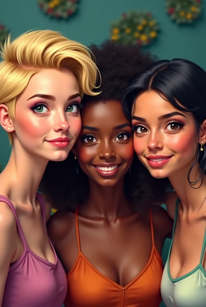 Genere una foto ultrarealista Masterpiece para portada de video de youtube, Thumbnail for a YouTube video about an innovative AI-powered beauty pageant, The thumbnail should be visually striking and attention-grabbing., AI-generated women: Showcases diverse and unique AI-generated faces, A model must be black with short shaved hair, A model must have Asian features, a model with Caucasian features, Blonde blue eyes, a model with slightly Asian features and abundant long light brown hair, women smiling and looking at the camera, with suggestive clothing, deep neckline, showing huge tits, big breasts, voluptuous, big tits, ultra realistic photo, Use a bold and striking color palette, photorealistic images, hyper realistic image, (extremely detailed) Masterpiece