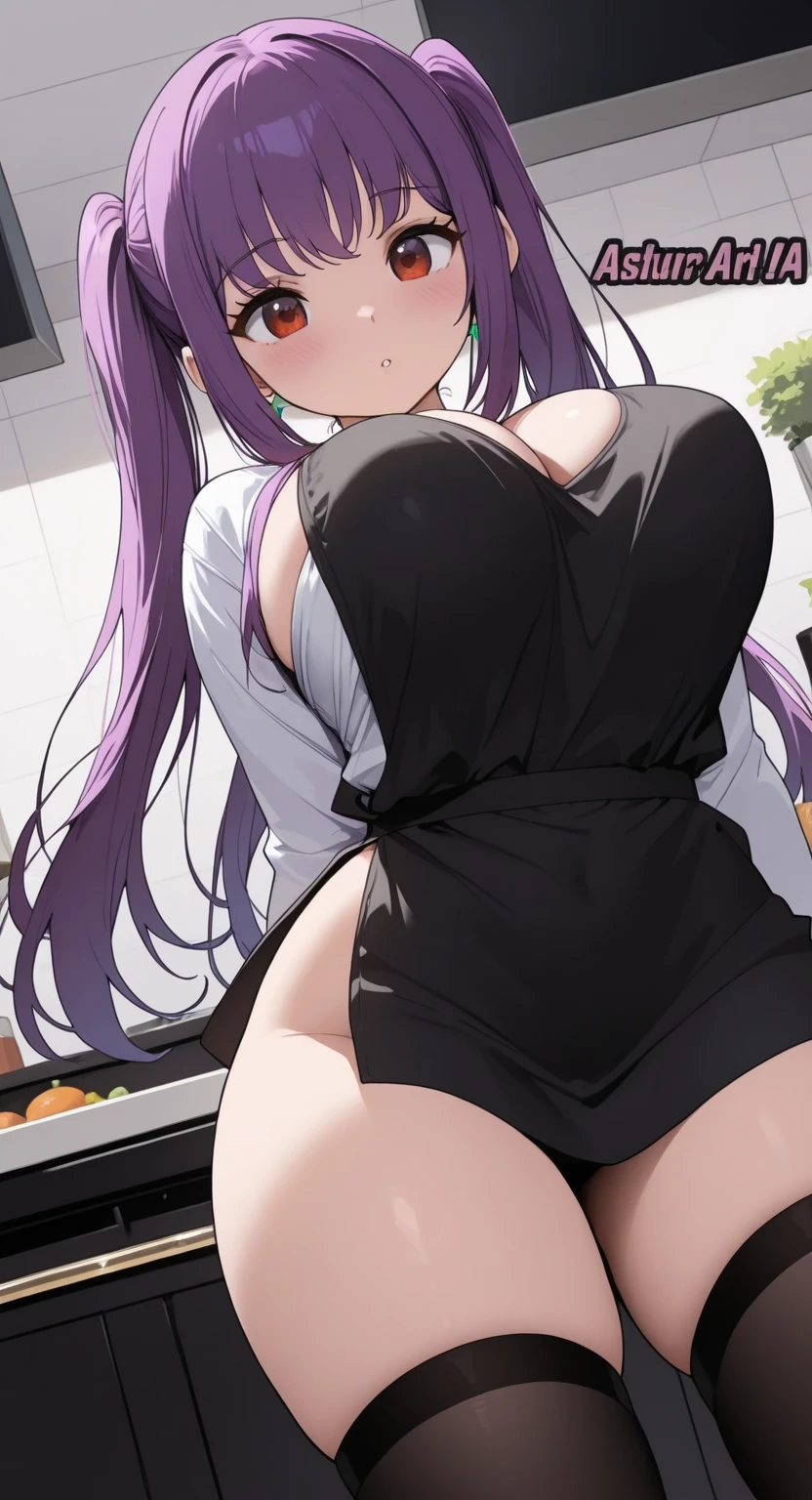 (masterpiece:1.2), hyper detail, best quality, (intricate_details:1.1), beautiful detailed, beautiful hair, solo, 1girl, purple_hair, purple_eyes, long_hair, blunt_bangs, large_breasts, white sleeveless sweater dress, frilled_collar, black_robe,robe half off shoulder,shoulder, sweating,heavy breathing,steam,blush,open robe,half-closed eyes,from below,looking down,flipped hair,sitting,thigh,legs focus,feet