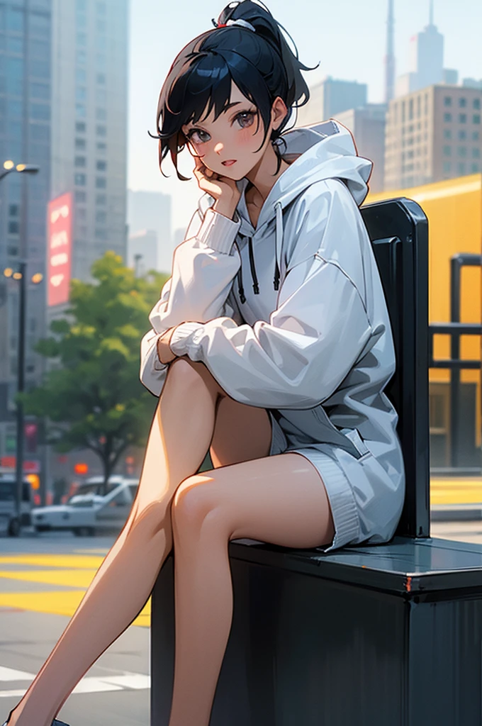 1girl, tan skin, short pixie cut black hair, black eyes, slim body, wearing a plain white sweater, wearing plain black jeans, wearing white sneakers, 8k, ultrasharp, high resolution, sitting down inside a cafe, smiling and looking at the window, viewing the city lights, night time