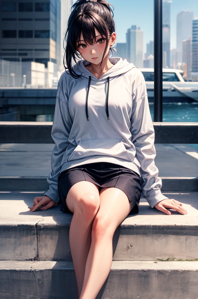 (((8k wallpaper of extremely detailed CG unit:1.2, ​masterpiece, hight resolution:1.2, top-quality:1.2, masutepiece))), ((a very beautiful woman, Hands in pockets:1.8, sad Facial expression, Street fashion:1.2, wearing a colorful jacket, Wearing boots, Woman sitting on stairs:1.3, foot out of frame:1.5)), ((extra detailed face, Highly detailed black eyes, extra detailed body, Top quality real texture skins)), (silber hair:1.3, straight haired:1.2, Red Eye Shadow, de pele branca, Small, exposed shoulder), ((Empty alley, Mileland. natta, Neon Street)), high-angle, a closeup, hyper realisitic, digitial painting,