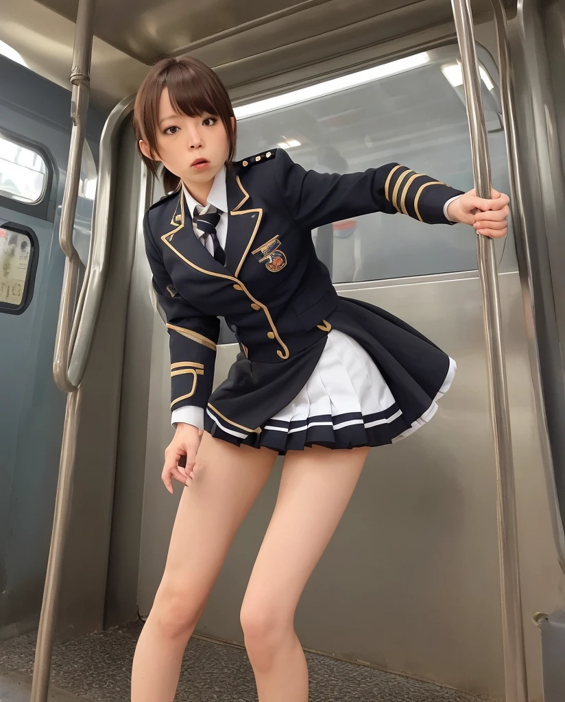 highest quality、16K high resolution、Super detailed、masterpiece、Live shooting、realistic:1.4、hyper realism:1.4、sharp focus、very delicate and beautiful、small details、1 female, railway conductor、(Lifting up her skirt and showing her panties:1.5)、(standing on the platform:1.5)、(super beautiful)、(beautiful face:1.7)、(short hair:1.2)、(barefoot:1.5)、(detailed face)、(thin and beautiful eyes)、Perfect round eyes、(lip details)、(lipstick)、(eyeliner)、mascara、eye shadow、(dark blue conductor uniform:1.5)、(navy blue jacket)、(navy blue mini skirt)、(white shirt)、(tie)、(Uniform Cap:1.2)、(white gloves:1.5)、(white panties:1.5)、(station platform:1.2)、(Trains that have stopped:1.4)、(roof)、(Crowded)、detailed background、(above the knee shot:1.2)、(At SFW:1.2)