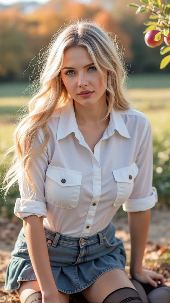 beautiful blonde woman,  wearing loose shirt, and tight jeans, she has a very big butt,medium length very wavy hair, in a relaxed pose realistic, on a dirt road in the country near a country park 