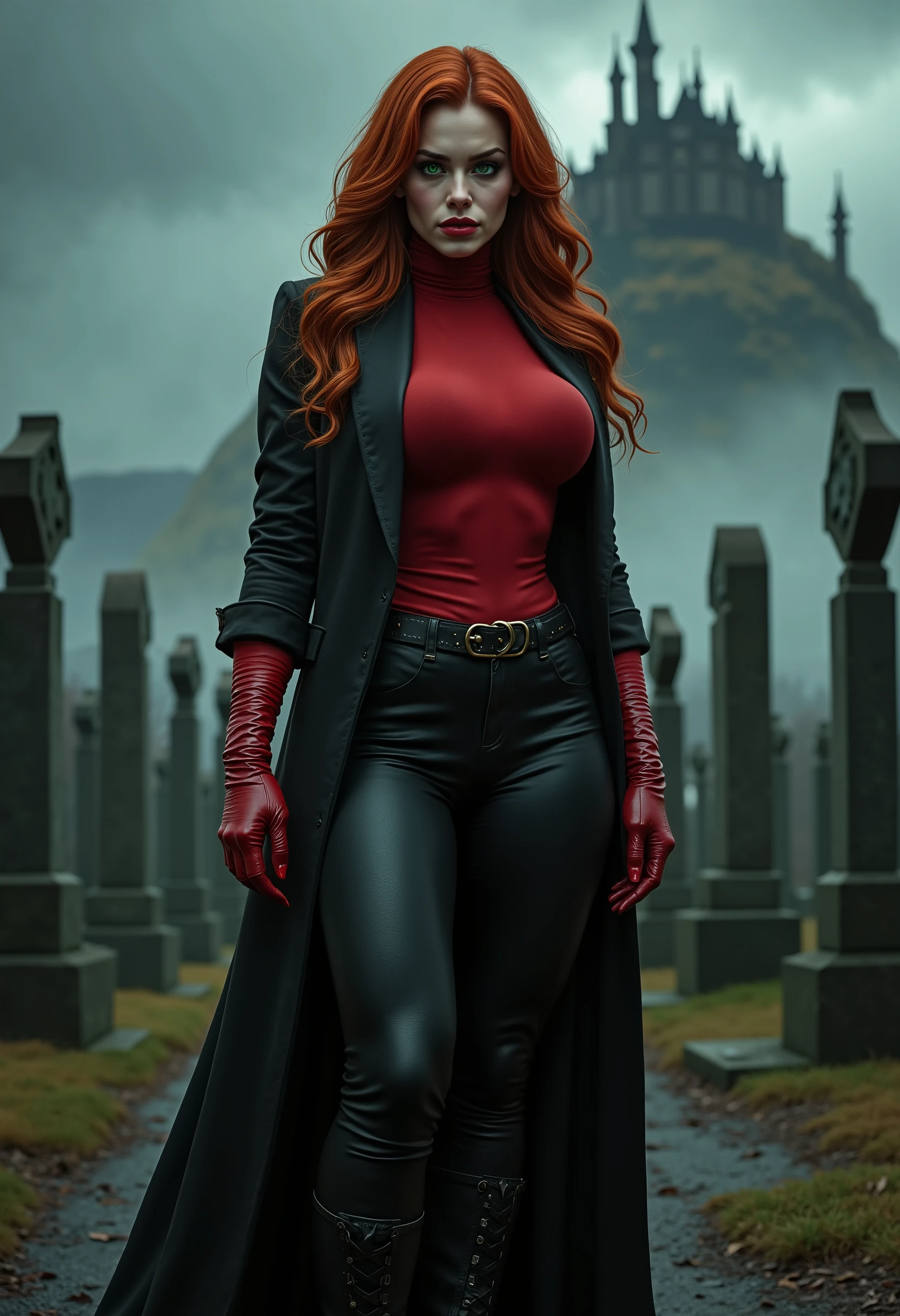 full body beautiful sensual sexy cool vampire woman with slightly open mouth huge vampire fangs muscular body red wavy long hair emerald green eyes, white skin, red lips, round face full red lips high arched eyebrows thin waist long shapely legs full breasts wide shoulders black leather breeches black black leather riding boots red leather high neck turtleneck black leather blazer red leather gloves cemetery at night fog dusk in the distance silhouette of a castle on a mountaintop