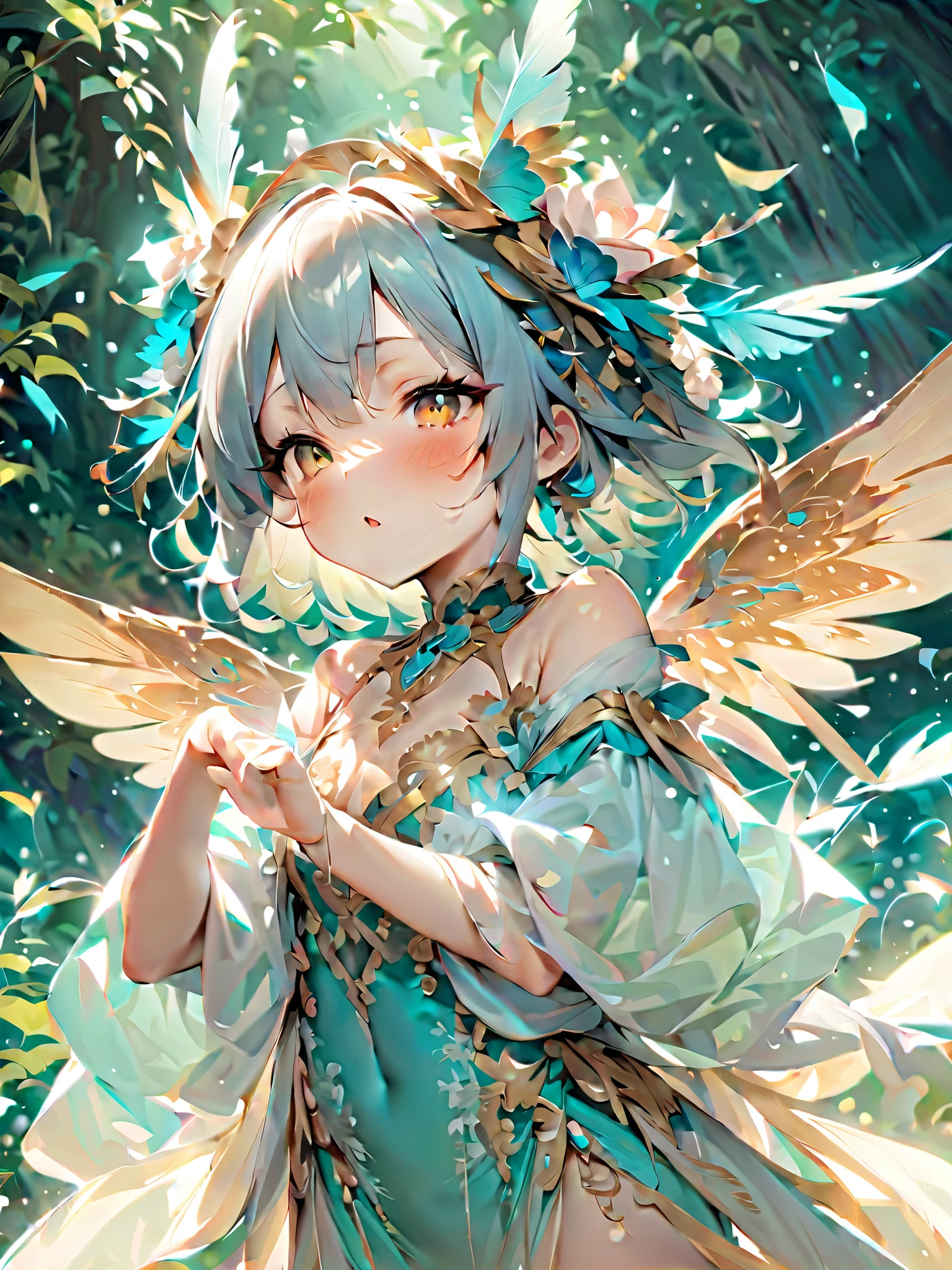 absurderes, hight resolution,, (1girl in, Solo), Big eyes,, townscape,, (Water Effects, Light Effects, fluttering feathers:1.2),bbw