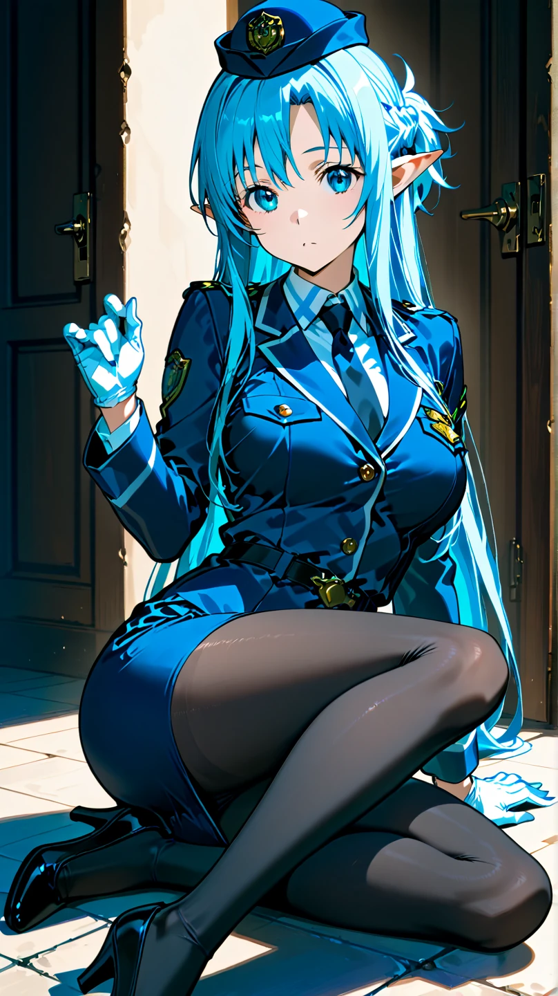 (masterpiece), (best quality),highres, ultra detailed, professional lighting, photography, esdeath, long hair ,blue hair, blue eyes, formal wear, blouse, peaked cap, thigh boots, black belt ,black dress, black tie,black pantyhose, looking at viewer, goddess, detailed background, gala party, glamor,