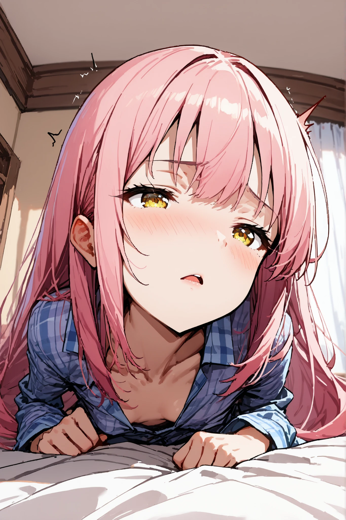 1 girl, solo, high resolution, masterpiece, anatomically correct, Best Quality, very detailed,
very long hair, princess cut, pink hair, yellow eyes, plaid pajamas, Short stature, flat breasts, bedroom, sleep on the bed,
(Twitching:1.5), cumming, creampie, before kiss,