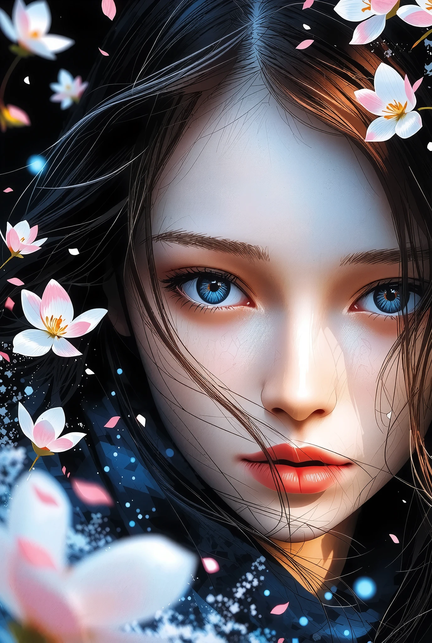 (Ultra-high resolution output, Spray Art-Like 0.2μmmdelicate particles, Acrylic Paint Versatile Color Paint, illustrations, \Precise Sketch Like Drawing a Picture, Clean Line Art and Clean Lines, 256 colors\),
She speaks to you, Solitude and Sadness that can be glimpsed deep in her clear eyes, Contrary to the bustling teasing of her surroundings, only supports her, Rich and rich colors tell the depth of her versatility, The truth is hidden in the depths, pure white snow falls and piles in the dark、Cherry blossoms falling、The arrival of spring melts the ice, now that it has been freed from permafrost、creates an unprecedented aesthetic appearance, Dynamically output your best creativity without losing your brilliance forever, Dramatic dark background to highlight the subject, Joint Spot Lighting, artistic vibes, HIGH TRANSPARENCY , Best Quality,
