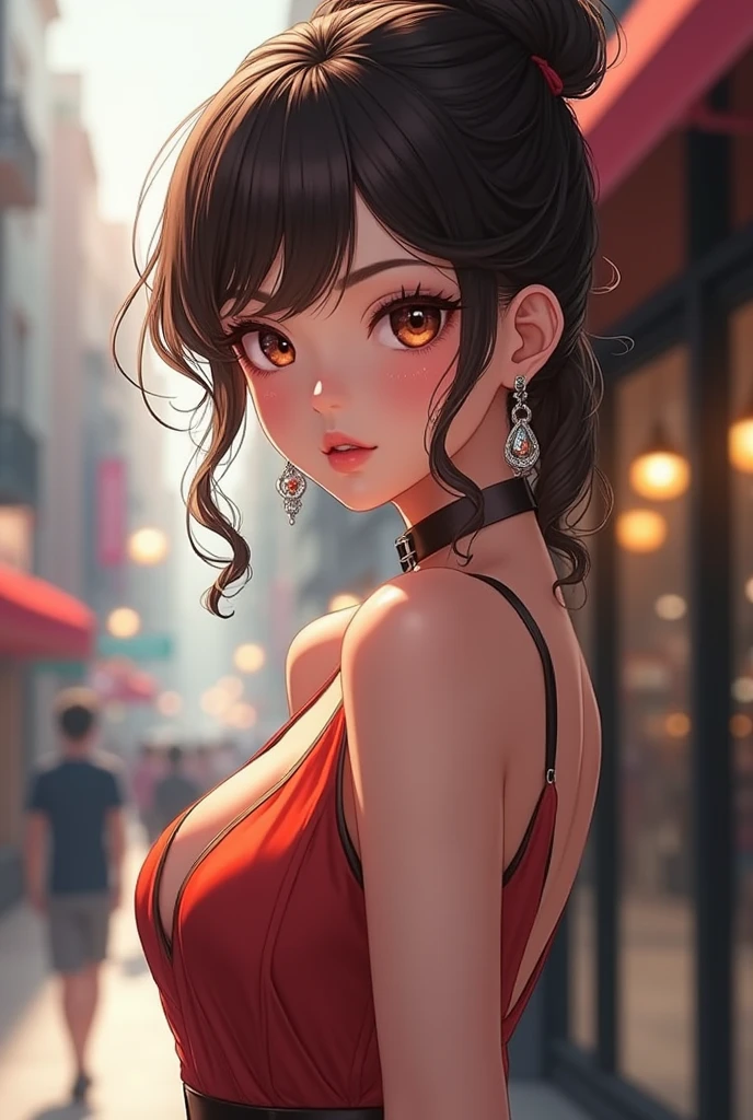 ((Best quality, 8k, Masterpiece :1.3)), 1girl, smiling, full body, slim face, Pretty woman, (Dark brown hair), full length dress :1.1, Ultra-detailed face, Detailed eyes, Double eyelid, blur background, slim face, city, outside, street,