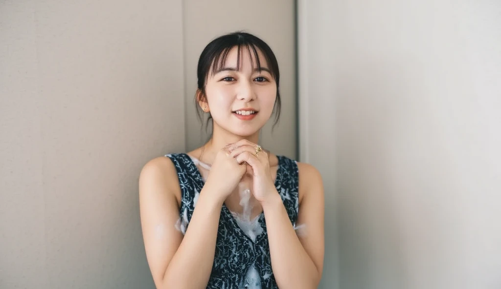 ((Best Quality, 8k, Masterpiece, Portrait: 1.3, Photorealistic)), (from below, looking at viewer), (cowboy shot:1), Sharp Focus, Solo, Japan Milf, Beauty, (joy expression), 35 Years Old, long Hair, Wrinkles:0.3, Emphasized, gorgeous bra, wet bathroom floors,